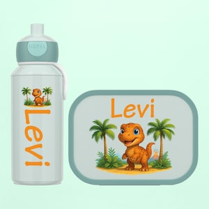 Personalized lunch box and bottle as a gift for school enrollment or daycare start - Mepal lunch box with compartments | Dinosaur in the jungle Dino