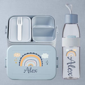 Personalized Mepal lunch box with compartments + bottle | Gift for school enrollment, daycare start | Lunch box set | Rainbow motif for boys and girls