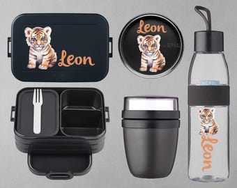 Personalisierte Brotdose Trinkflasche und Lunchpot - Mepal Bento Lunchbox, Wasserflasche und Snackpot | Dinosaurier mit Name - Dino - T-Rex