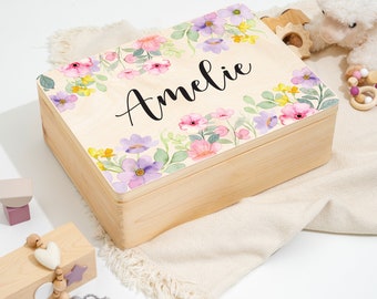 Personalisierte Erinnerungsbox fürs Baby Kind | Geschenkidee zur Geburt oder als Taufgeschenk | Erinnerungskiste mit schönen Blumendesign