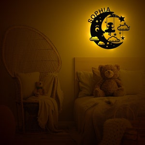 Nightlight Personalized Night light gift for baby and child wooden wall lamp for boys and girls moon swing with birth dates image 4