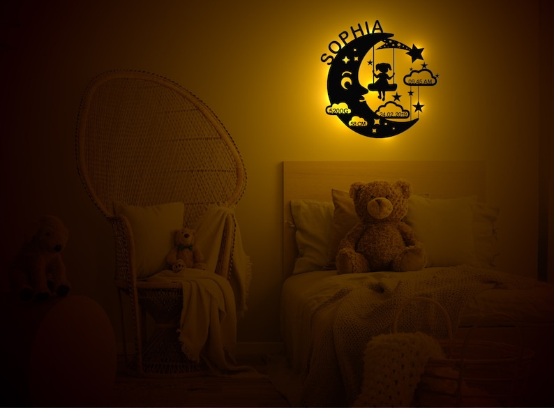 Nightlight Personalized Night light gift for baby and child wooden wall lamp for boys and girls moon swing with birth dates image 4