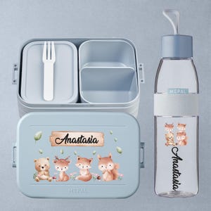 Personalized Mepal lunch box with compartments + bottle | Gift for school enrollment, daycare start | Lunch box set | Cute forest animals - deer, fox, bear
