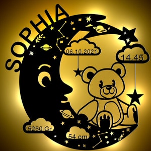 Personalized Night Light | Night Light Gift for Baby and Child - Decorative Wooden Wall Lamp for Boys and Girls | Teddy Bear on the Moon | Name