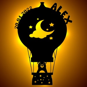 Personalized night light | Night light gift for baby and child | LED wooden wall lamp | Balloon with bear and desired name and date of birth