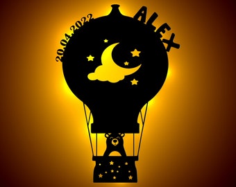 Schlummerlicht Personalisiert | Nachtlicht Geschenk für Baby und Kind | LED Holz Wandlampe | Ballon mit Bär und Wunschnamen und Geburtsdatum