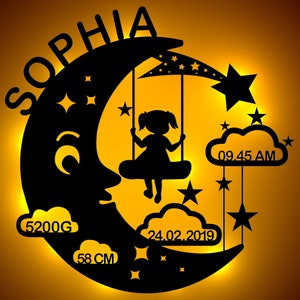 Personalized Night Light | Night Light Gift for Baby and Child Wooden Wall Lamp for Boys and Girls Moon Swing with Birth Dates