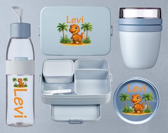 Personalisierte Brotdose mit Fächern + Flasche + Lunchpot | Mepal Lunchbox | Geschenk Einschulung Kita-Start | Dinosaurier Motiv Dino T-Rex