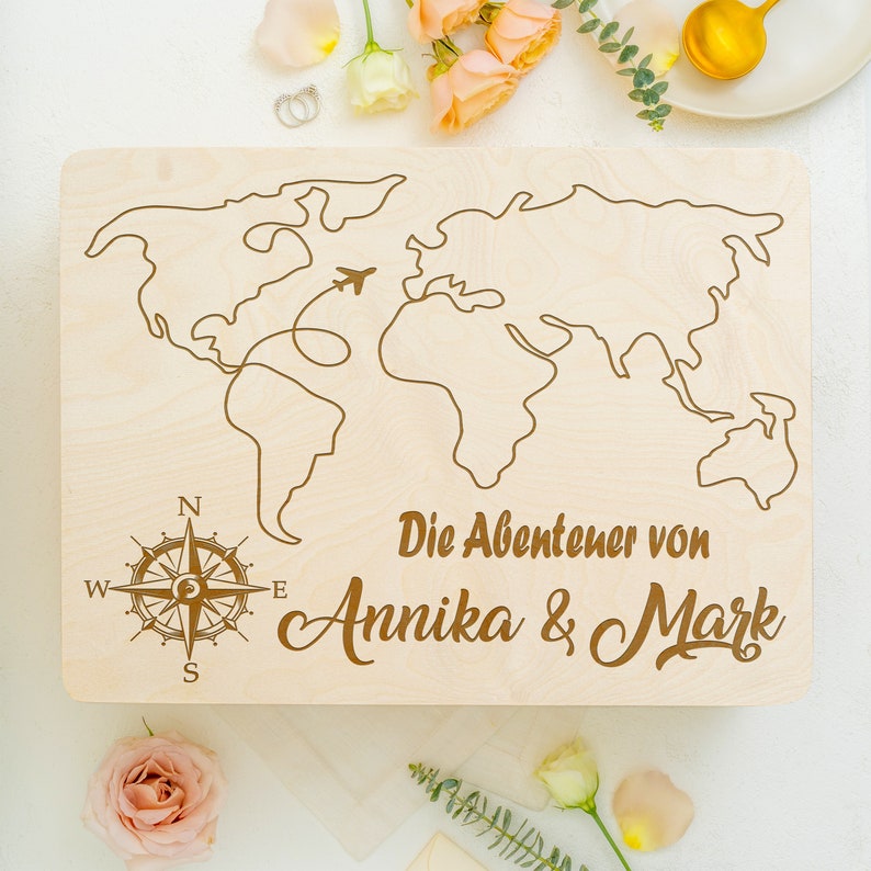 Memory box personalized for traveling couples Memory box Gift for globetrotters World map with desired name and travel location image 7
