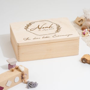 Erinnerungskiste Baby als Geschenk zur Geburt oder Taufe Gravierte Personalisierte Erinnerungsbox aus Holz Hexagon Blumenkranz mit Name zdjęcie 3