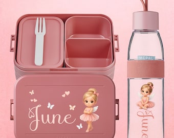 Personalisierte Brotdose und Flasche von Mepal | Lunchbox mit Fächern | Geschenk Einschulung | Süße Ballerina Tänzerin für Mädchen