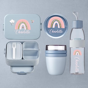 Personalized lunch box, drinking bottle, and lunch pot - Mepal Bento lunch box, water bottle, and snack pot | Rainbow motif with name