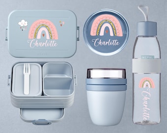 Personalisierte Brotdose Trinkflasche und Lunchpot - Mepal Bento Lunchbox, Wasserflasche und Snackpot | Regenbogen Motiv mit Namen