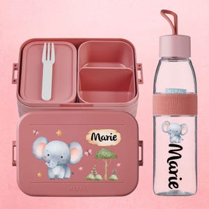 Personalized Mepal lunchbox and drinking bottle | Gift for school enrollment and daycare start | Elephant with name in watercolor