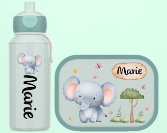 Personalisierte Brotdose und Trinkflasche als Geschenk Einschulung oder Kitastart - Mepal Lunchbox + Flasche | Wasserfarben Elefant mit Name