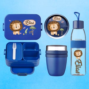 Personalized lunch box, drinking bottle, and lunch pot - Mepal Bento lunch box, water bottle, and snack pot | Watercolor lion with name | Animal motif