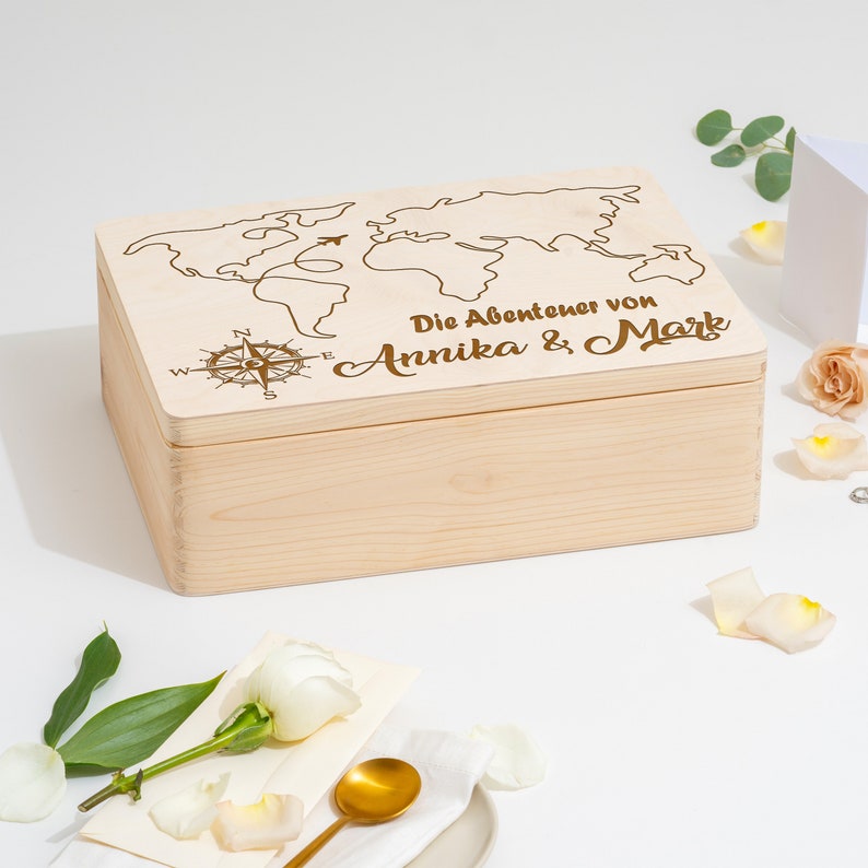Memory box personalized for traveling couples Memory box Gift for globetrotters World map with desired name and travel location image 4