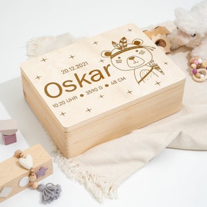 Erinnerungskiste Baby und Kind | Personalisierte Erinnerungsbox aus Holz | Graviertes Geschenk für Junge und Mädchen | Boho Indianer Bär