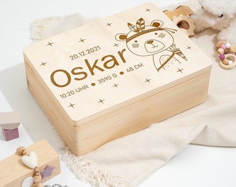 Erinnerungskiste Baby und Kind | Personalisierte Erinnerungsbox aus Holz | Graviertes Geschenk für Junge und Mädchen | Boho Indianer Bär