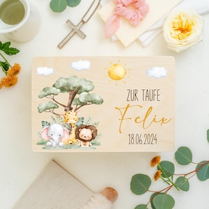 Caja de recuerdos para niñas | Hermoso regalo de bautizo para recuerdos duraderos | Caja de recuerdos de madera con león, elefante y jirafa.