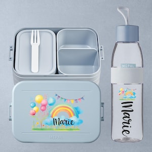 Personalized lunch box with compartments + drinking bottle | Mepal lunch box with bottle | Gift for school enrollment and daycare start | Rainbow + balloons