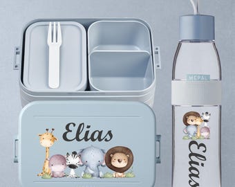 Personalisierte Mepal Lunchbox mit Fächern + Flasche | Geschenk Einschulung, Kitastart | Brotdose | Set o. Einzeln | Safari Dschungel Tiere