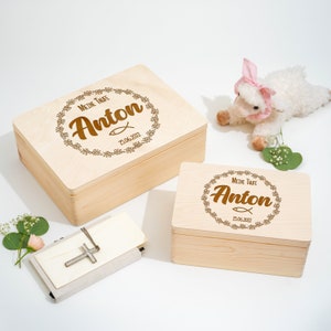 Regalos de bautizo para niños y niñas de madera | Caja de recuerdo de bautismo y nacimiento Caja de recuerdo grabada caja bautismal | icono de corona de pescado