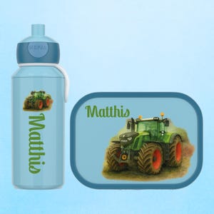 Personalized lunch box and bottle as a gift for school enrollment or daycare | Mepal lunch box with compartments | Tractors - Construction vehicles