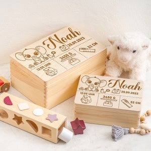 Caja de recuerdos para bebé como regalo de nacimiento o bautizo | Caja de recuerdos de madera personalizada grabada | Dulces fechas de nacimiento de elefantes