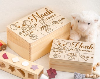 Baby memory box as a gift for birth or baptism | Engraved personalized wooden memory box | Cute elephant birth details