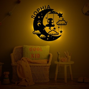 Nightlight Personalized Night light gift for baby and child wooden wall lamp for boys and girls moon swing with birth dates image 5