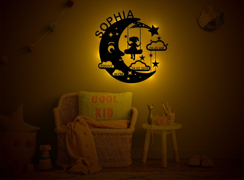 Nightlight Personalized Night light gift for baby and child wooden wall lamp for boys and girls moon swing with birth dates image 5