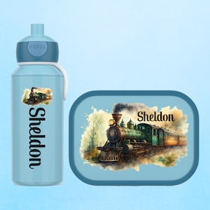 Personalized lunch box and bottle as a gift for school enrollment or daycare | Mepal lunch box with compartments | Steam train