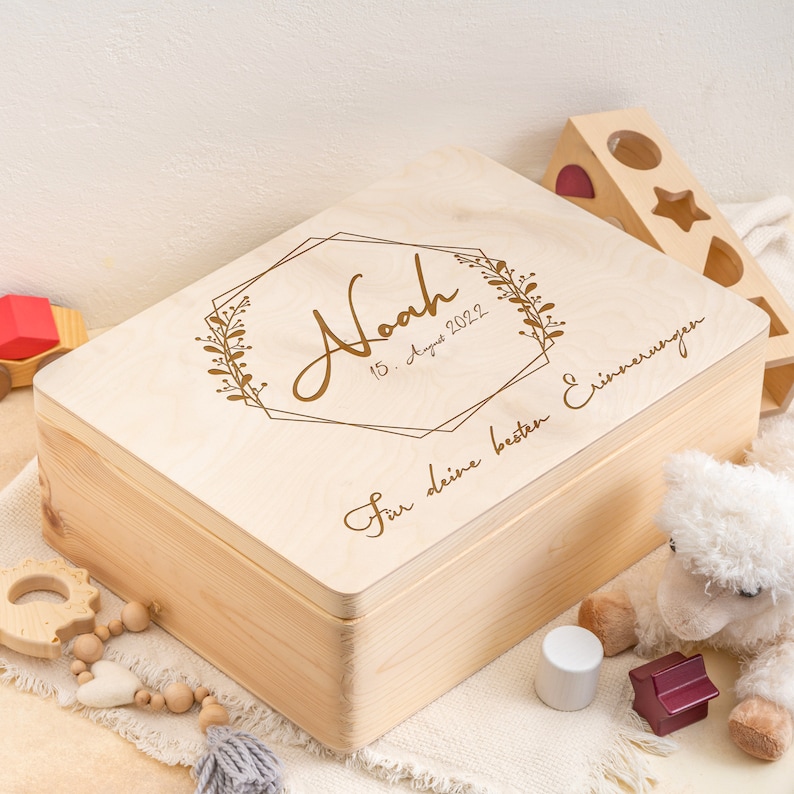 Baby memory box as a gift for a birth or baptism Engraved Personalized Wooden Keepsake Box Hexagon flower wreath with name image 6