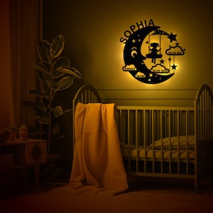 Nightlight Personalized Night light gift for baby and child wooden wall lamp for boys and girls moon swing with birth dates image 7