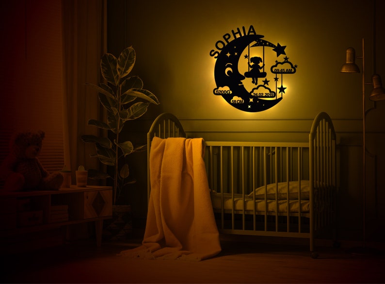 Nightlight Personalized Night light gift for baby and child wooden wall lamp for boys and girls moon swing with birth dates image 7