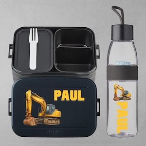 Personalized Mepal lunch box with compartments + bottle | Gift for school enrollment, daycare start | Lunch box | Set | Excavator motif for boys | Construction vehicles