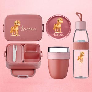 Pode incluir: Um conjunto de acessórios de almoço rosa, incluindo uma lancheira, um recipiente redondo, uma garrafa de água e um recipiente para alimentos. Cada item apresenta um cavalo de desenho animado com uma coroa de flores e o nome "Larissa".