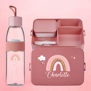 Personalized Mepal Bento Lunchbox Large with drinking bottle - Gift for kindergarten start | Teddy rainbow motif with name + hearts