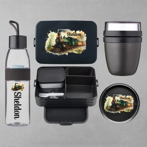 Personalized lunch box + bottle + lunch pot from Mepal | Gift for school enrollment + daycare start | Lunch box with compartments | Steam locomotive train