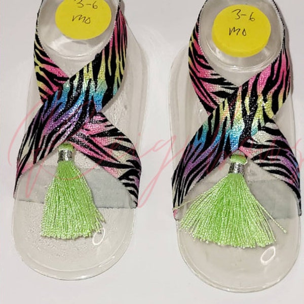 Exotic Print Rainbow Ribbon Green Tassel Barefoot Baby Sandals Infant Soft Bottom Summer Special Occasion