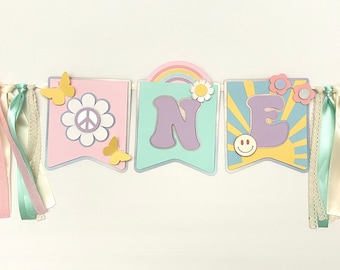 Groovy One High Chair Banner: Pastel Hippie Birthday Decor