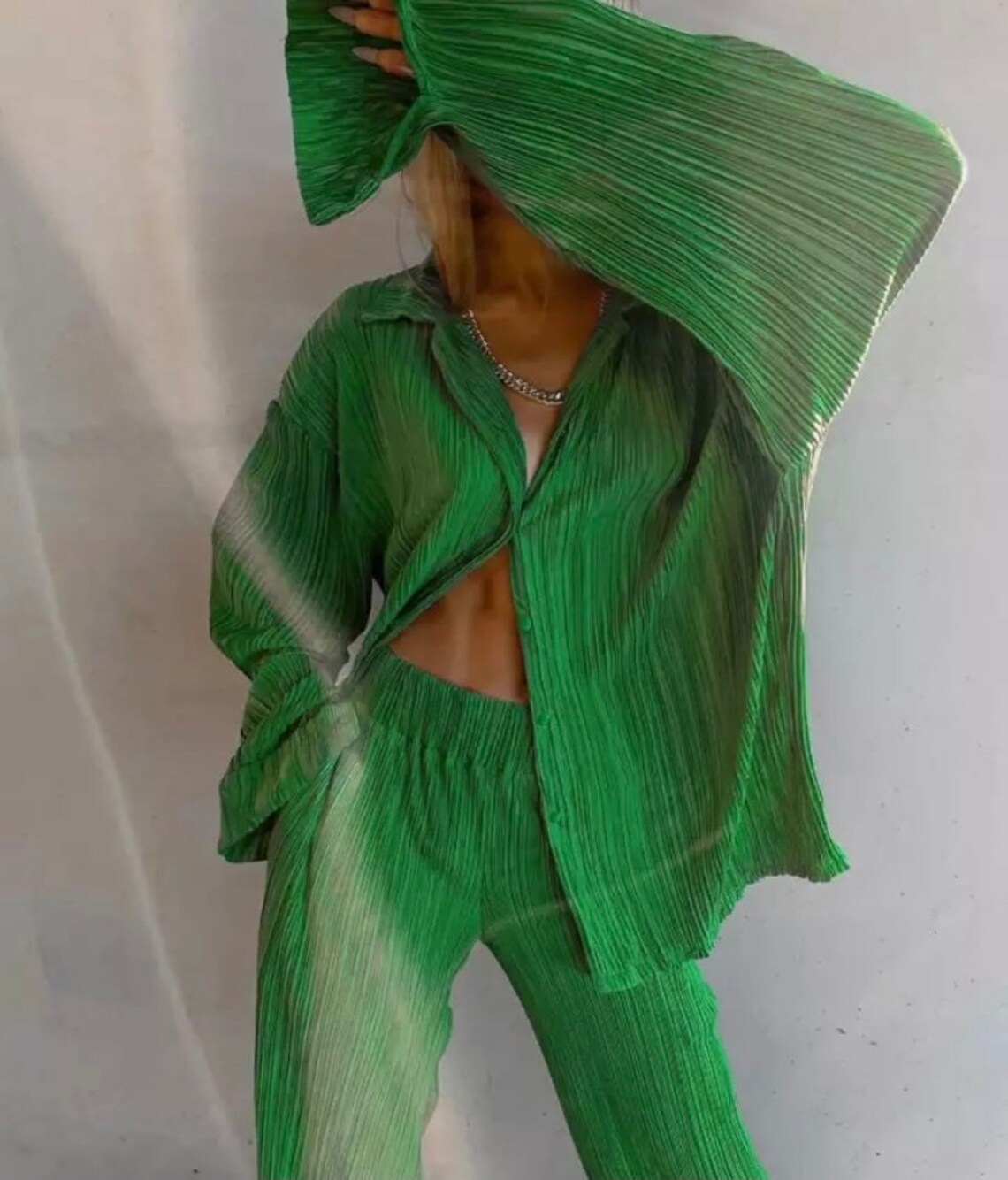 Pleated Suit Set Shirt and Pants Set Satin Set Summer Etsy