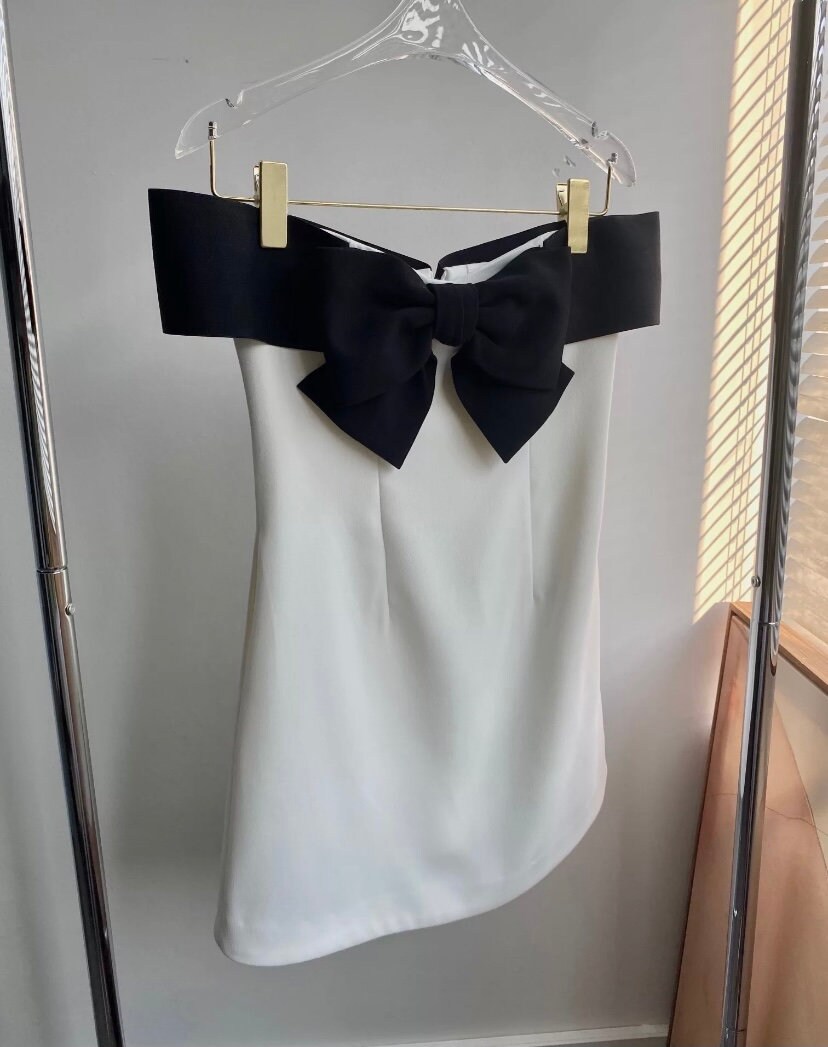 White Dress With Black Bow Classy Dress - Etsy