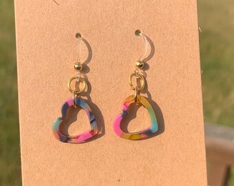 blue/pink/yellow acetate heart earrings for sensitive ears, metal free earrings, plastic hook, hypoallergenic
