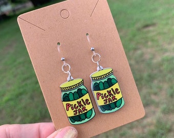 Cute lil pickle jar dangle earrings for sensitive ears, metal free, plastic hook, hypoallergenic, cute, trendy, fun, dainty, pickle lover