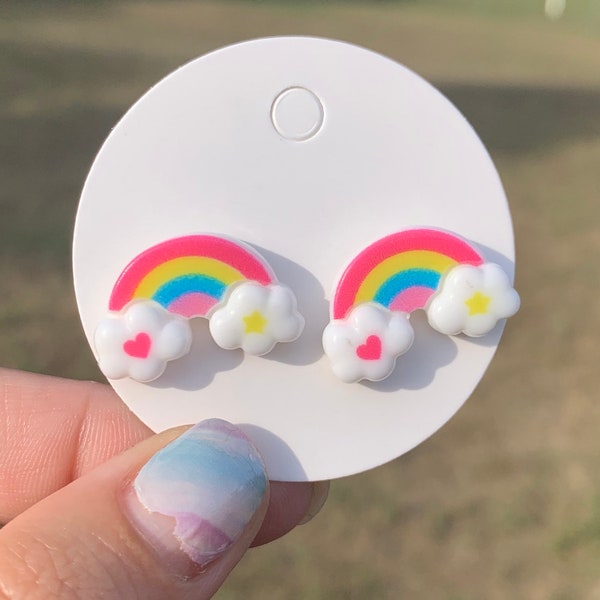 Adorable rainbow cloud studs, for sensitive ears, metal free, plastic posts, plastic hooks, hypoallergenic, cute, fun, dainty, gift idea