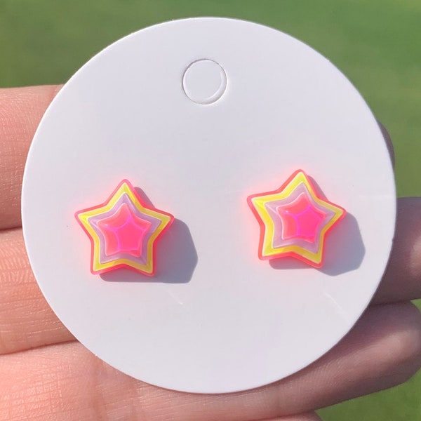 neon star geometric stack stud earrings for sensitive ears, metal free, plastic, silicone posts, hypoallergenic, gift idea, trendy, cute