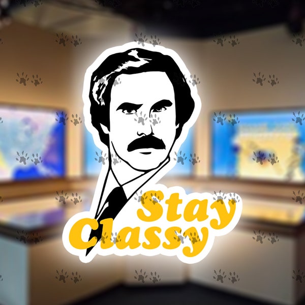 anchorman, stay classy sticker, will ferrell, ron burgundy, news anchor, funny, humor, comedy, movie quotes, nostalgia, 2000's, gift idea