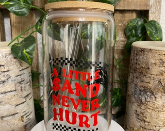 A little sand never hurt glass can with bamboo lid & glass straw